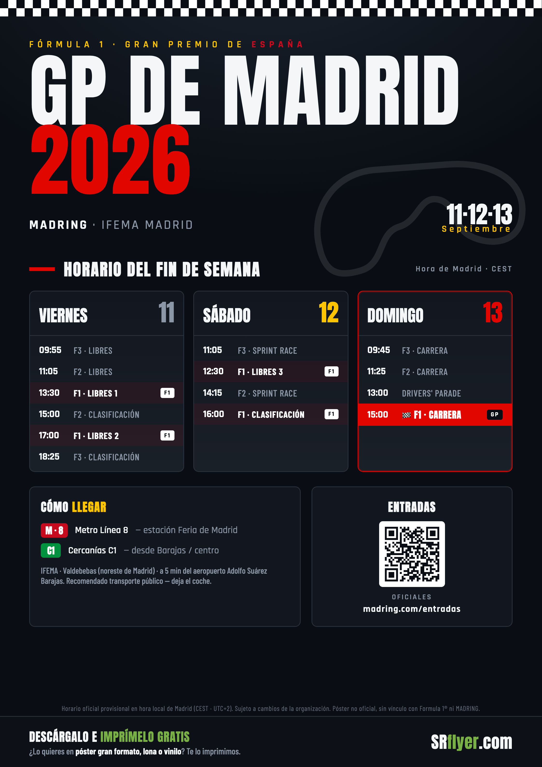 Póster con el horario del Gran Premio de Madrid 2026 de Fórmula 1